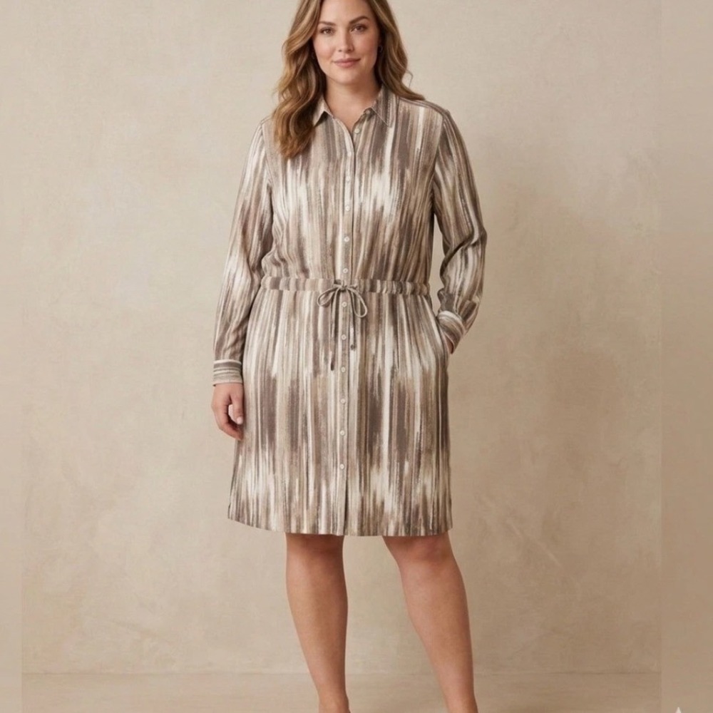 J.Jill 100% Silk Shirt Dress XL Striped Long Sleeve Tie Waist